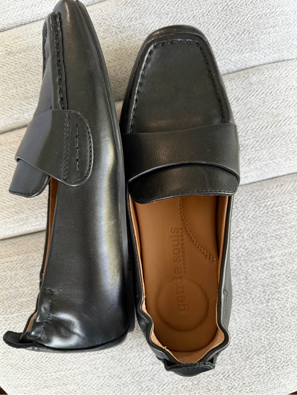 gentle souls Black Leather Penny Loafers with Strap Detail